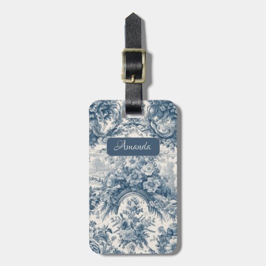 bloemenblauw toile de jouy monogram bagagelabel (Voorkant verticaal)