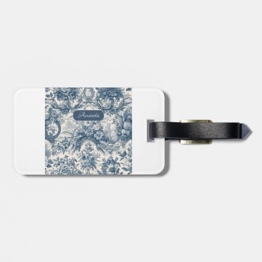 bloemenblauw toile de jouy monogram bagagelabel (Achterkant horizontaal)