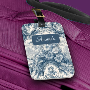  bloemenblauw toile de jouy monogram bagagelabel