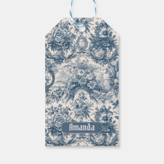  bloemenblauw toile de jouy monogram cadeaulabel (Achterkant)