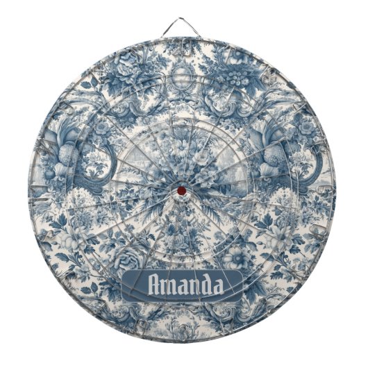 bloemenblauw toile de jouy monogram dartbord (Voorkant)