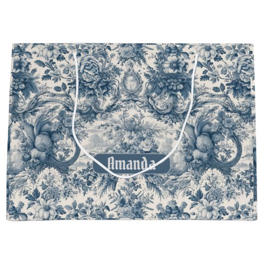 bloemenblauw toile de jouy monogram groot cadeauzakje (Voorkant)