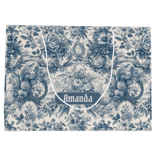  bloemenblauw toile de jouy monogram groot cadeauzakje (Achterkant)