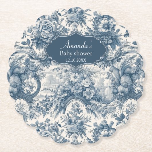 bloemenblauw toile de jouy monogram kartonnen onderzetters (Voorkant)