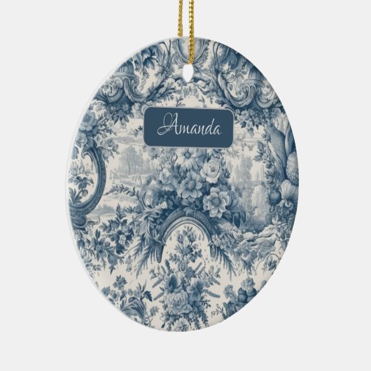  bloemenblauw toile de jouy monogram keramisch ornament (Rechts)