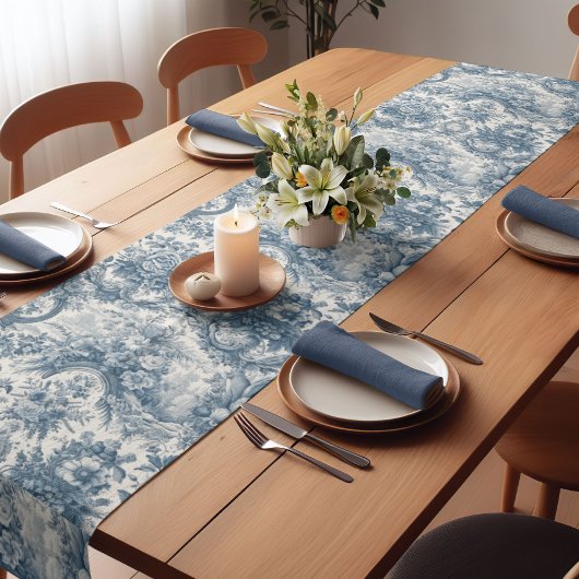 bloemenblauw toile de jouy monogram korte tafelloper