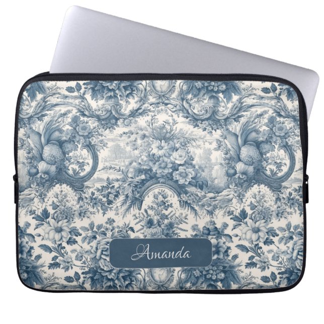  bloemenblauw toile de jouy monogram laptop sleeve (Voorkant)
