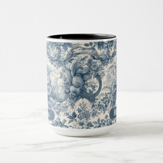  bloemenblauw toile de jouy monogram mok (Midden)