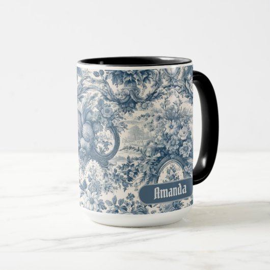  bloemenblauw toile de jouy monogram mok (Voorkant rechts)