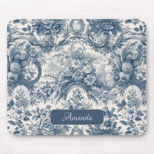 bloemenblauw toile de jouy monogram muismat (Voorkant)