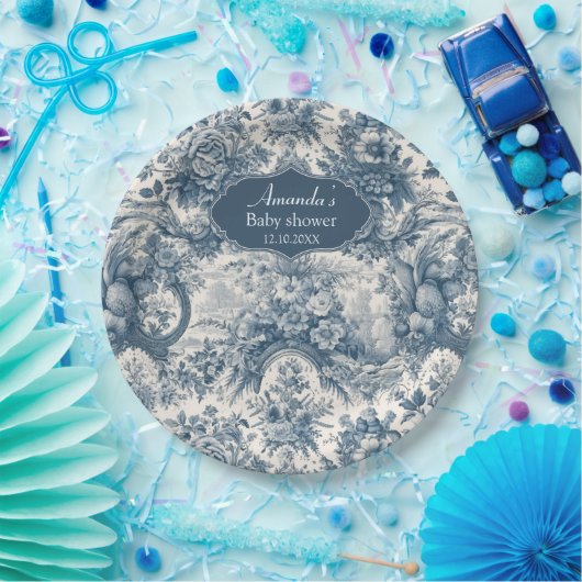  bloemenblauw toile de jouy monogram papieren bordje (Feest)