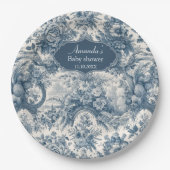  bloemenblauw toile de jouy monogram papieren bordje (Voorkant)