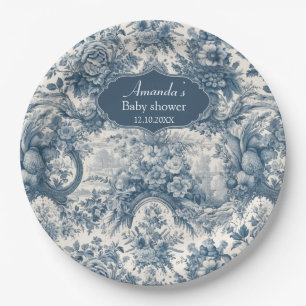  bloemenblauw toile de jouy monogram papieren bordje