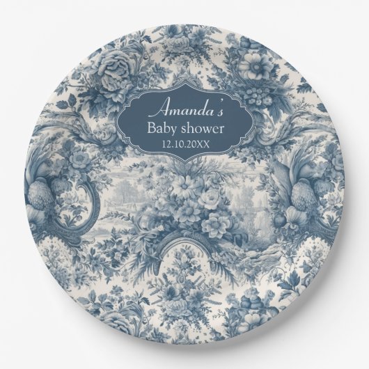  bloemenblauw toile de jouy monogram papieren bordje (Voorkant)