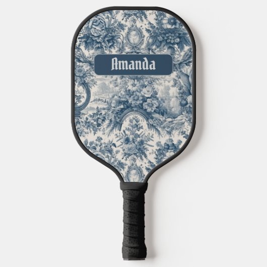bloemenblauw toile de jouy monogram pickleball paddle (Voorkant)