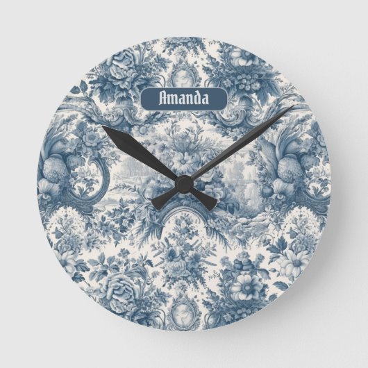 bloemenblauw toile de jouy monogram ronde klok (Voorkant)