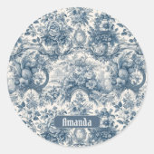  bloemenblauw toile de jouy monogram ronde sticker (Voorkant)