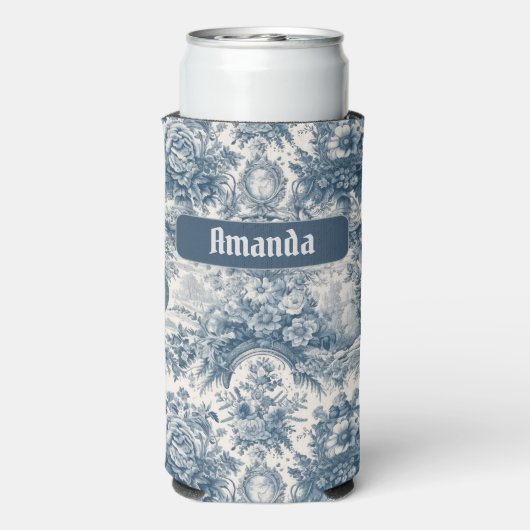 bloemenblauw toile de jouy monogram seltzer blikjeskoeler (Seltzer Achterkant)