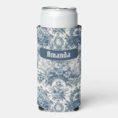 bloemenblauw toile de jouy monogram seltzer blikjeskoeler (Seltzer Voorkant)