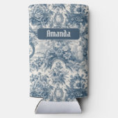 bloemenblauw toile de jouy monogram seltzer blikjeskoeler (Achterkant)