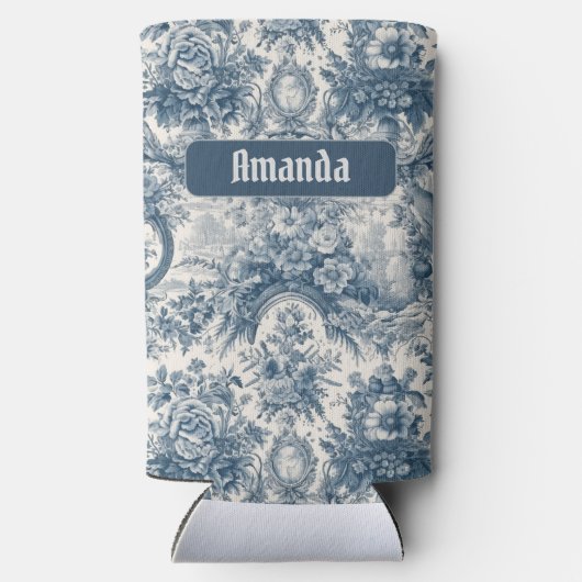 bloemenblauw toile de jouy monogram seltzer blikjeskoeler (Achterkant)