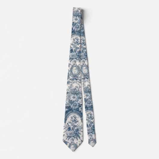 bloemenblauw toile de jouy monogram stropdas (Voorkant)