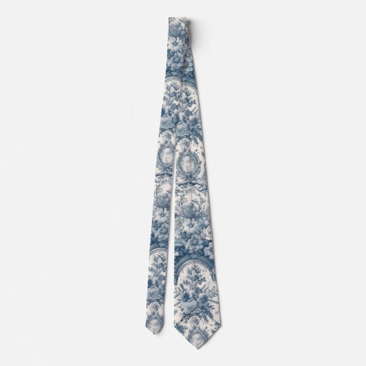 bloemenblauw toile de jouy monogram stropdas (Achterkant)