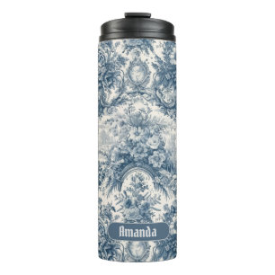  bloemenblauw toile de jouy monogram thermosbeker