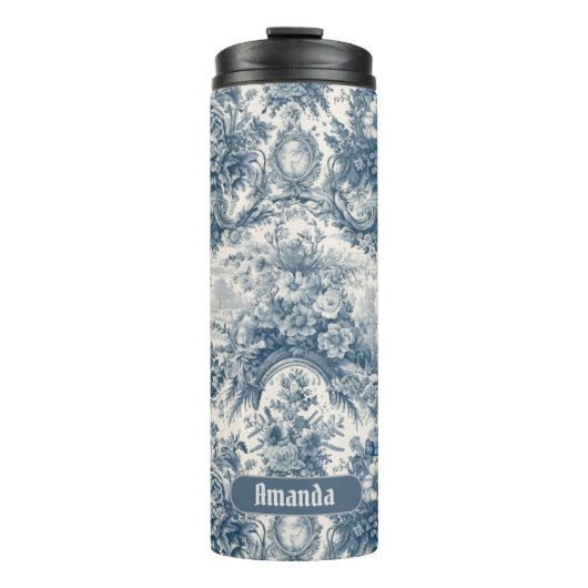  bloemenblauw toile de jouy monogram thermosbeker (Voorkant)