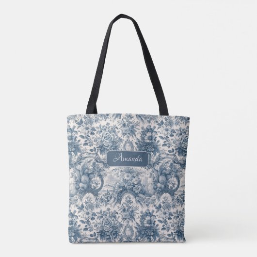  bloemenblauw toile de jouy monogram tote bag (Achterkant)