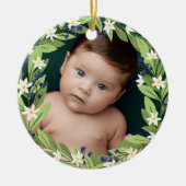 Bloemenblauwe bessen groen krans foto keramisch ornament (Voorkant)