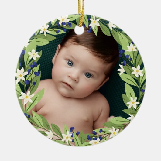 Bloemenblauwe bessen groen krans foto keramisch ornament (Voorkant)
