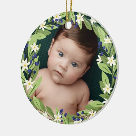 Bloemenblauwe bessen groen krans foto keramisch ornament (Links)