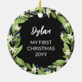 Bloemenblauwe bessen groen krans foto keramisch ornament (Achterkant)