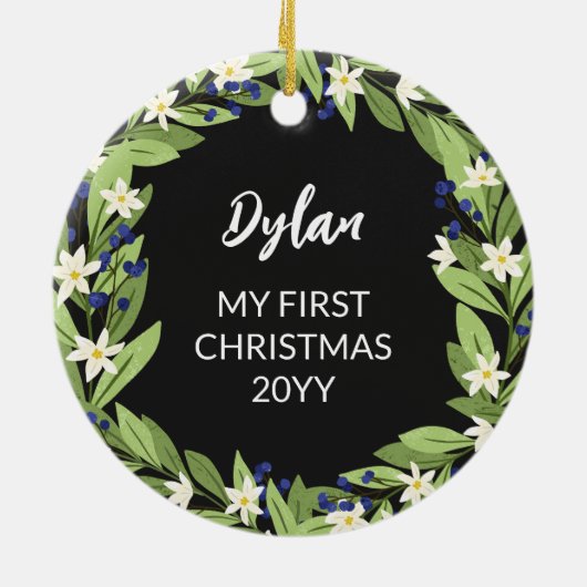 Bloemenblauwe bessen groen krans foto keramisch ornament (Achterkant)