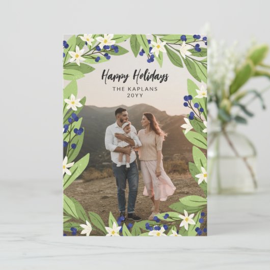 Bloemenblauwe bessen groen Lijst Prettige feestdag Feestdagenkaart (Staand voorkant)