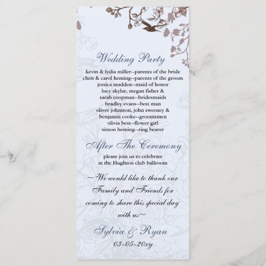 Bloemenblauwe vogelkooi, liefde vogels trouwprogra programmakaart (Achterkant)