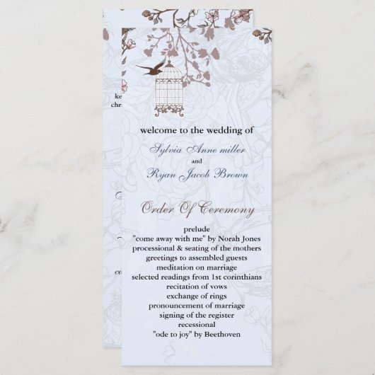 Bloemenblauwe vogelkooi, liefde vogels trouwprogra programmakaart (Voorkant / Achterkant)