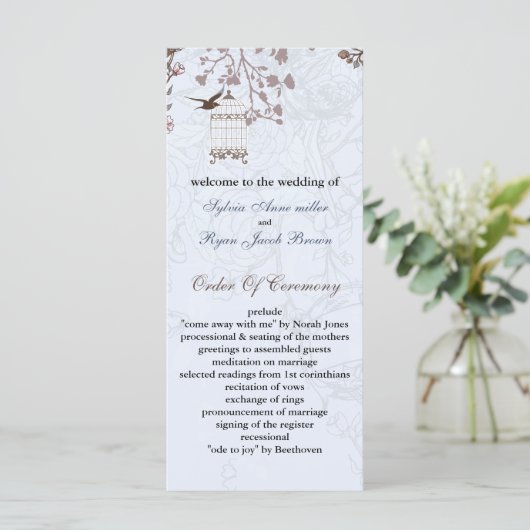 Bloemenblauwe vogelkooi, liefde vogels trouwprogra programmakaart (Staand voorkant)