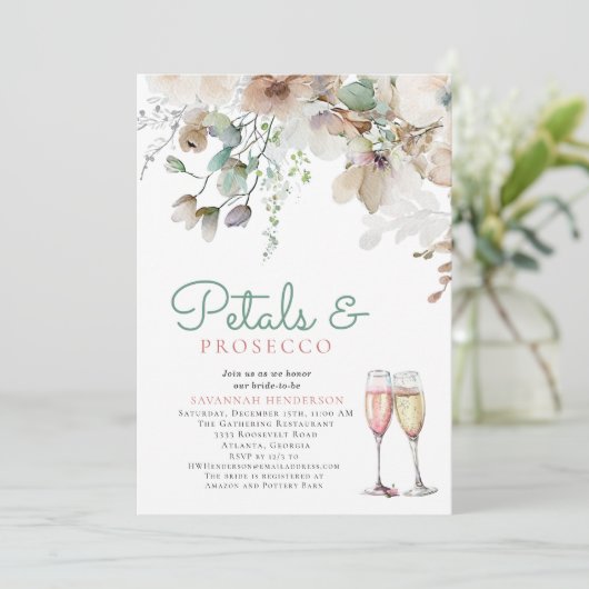 Bloemenbloemblaadjes en Prosecco Blauwgroen Vrijge Kaart (Staand voorkant)