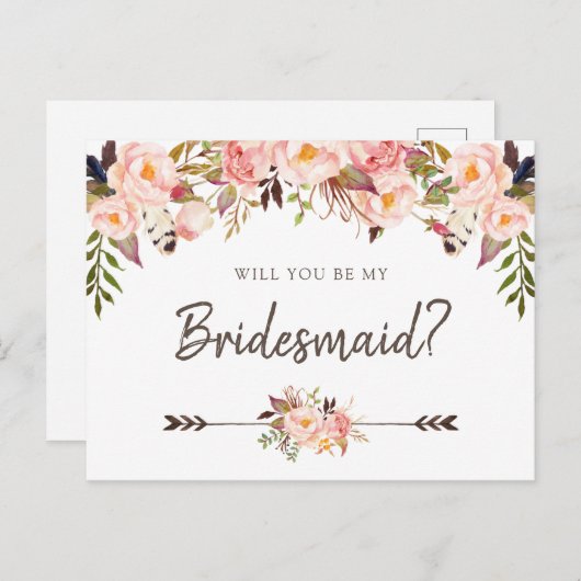 Bloemenblush Boho Chic, jij wordt mijn bruidsmeisj Feestdagenkaart (Voorkant / Achterkant)