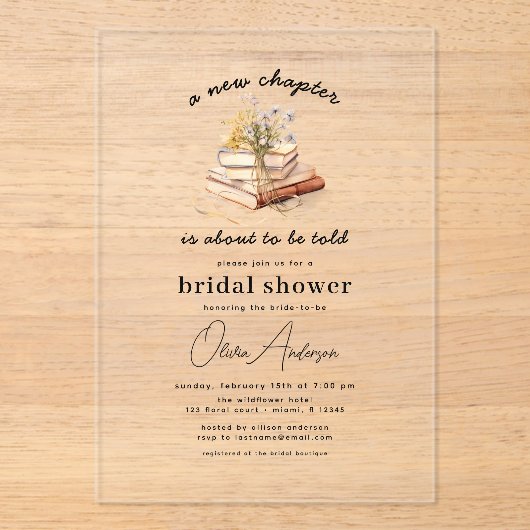 Bloemenboek Nieuw hoofdstuk begint met Vrijgezelle Acryl Uitnodigingen (Voorkant)