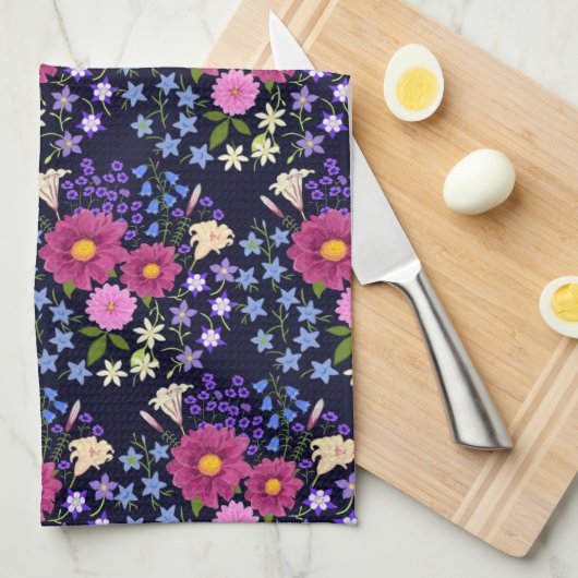 Bloemenboeket donkerblauw theedoek (Quarter Fold)