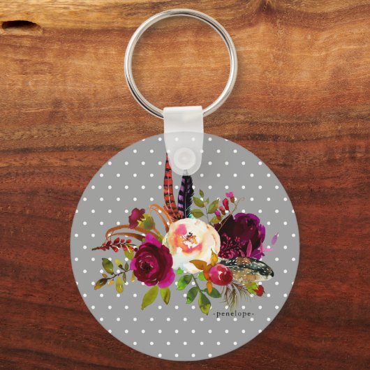 Bloemenboeket en Stippen met naam Sleutelhanger (Voorkant)