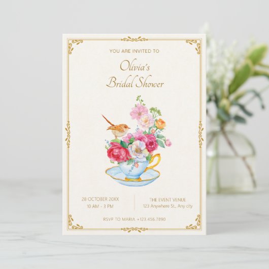 Bloemenboeket esthetische theekop vrijgezellenfees kaart (Staand voorkant)