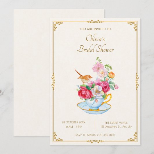 Bloemenboeket esthetische theekop vrijgezellenfees kaart (Voorkant / Achterkant)