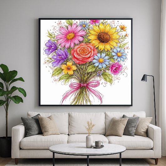 Bloemenboeket - Gekrabbelde Kunststijl Poster
