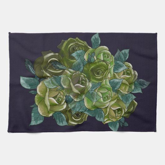 Bloemenboeket, groene rozen op donkerblauw theedoek (Horizontaal)