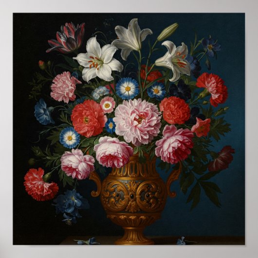 Bloemenboeket in oude uitgewerkte vaas- poster (Voorkant)