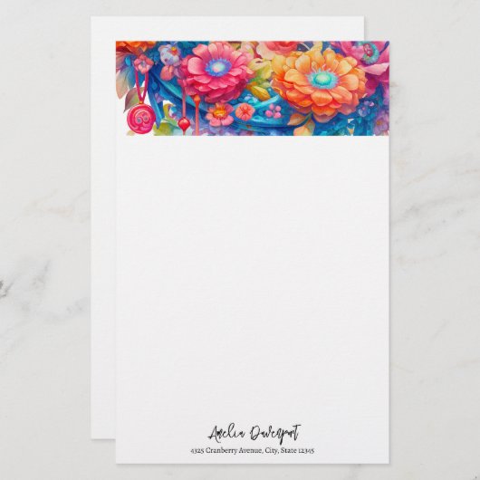 Bloemenboeket Sinaasappel & Blauw Boho Briefpapier (Voorkant / Achterkant)